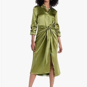 Cinq à Sept Jacey Silk Shirtdress Womens Size 6 Green Moss Tie-Waist Midi Luxe